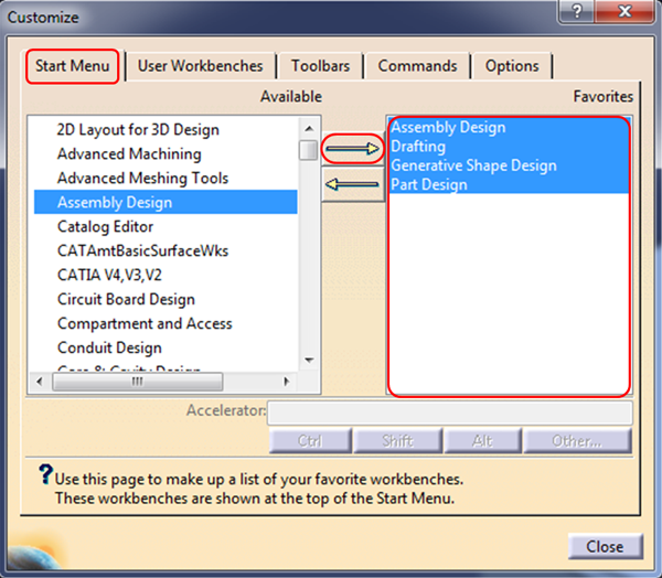 Customising CATIA V5 - Setting Favourite Workbenches